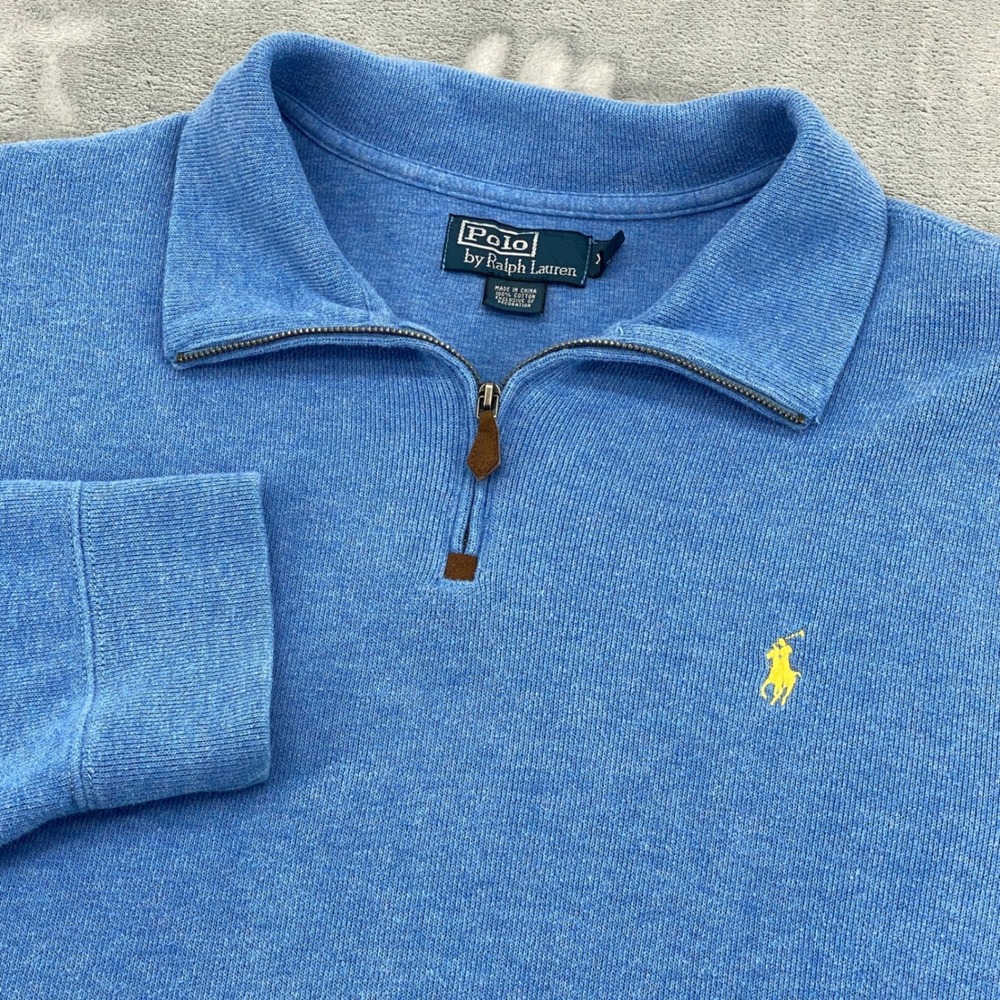Polo Ralph Lauren Mens XXL Blue Quarter Zip Cotton Pullover Sweater Yellow Pony